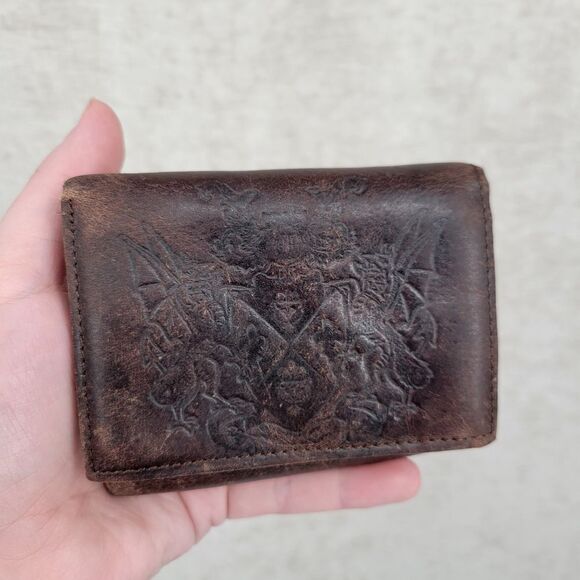 Faded Glory Vintage Brown Leather Wallet with Crest Dueling Dragons Embossed - Picture 1 of 13